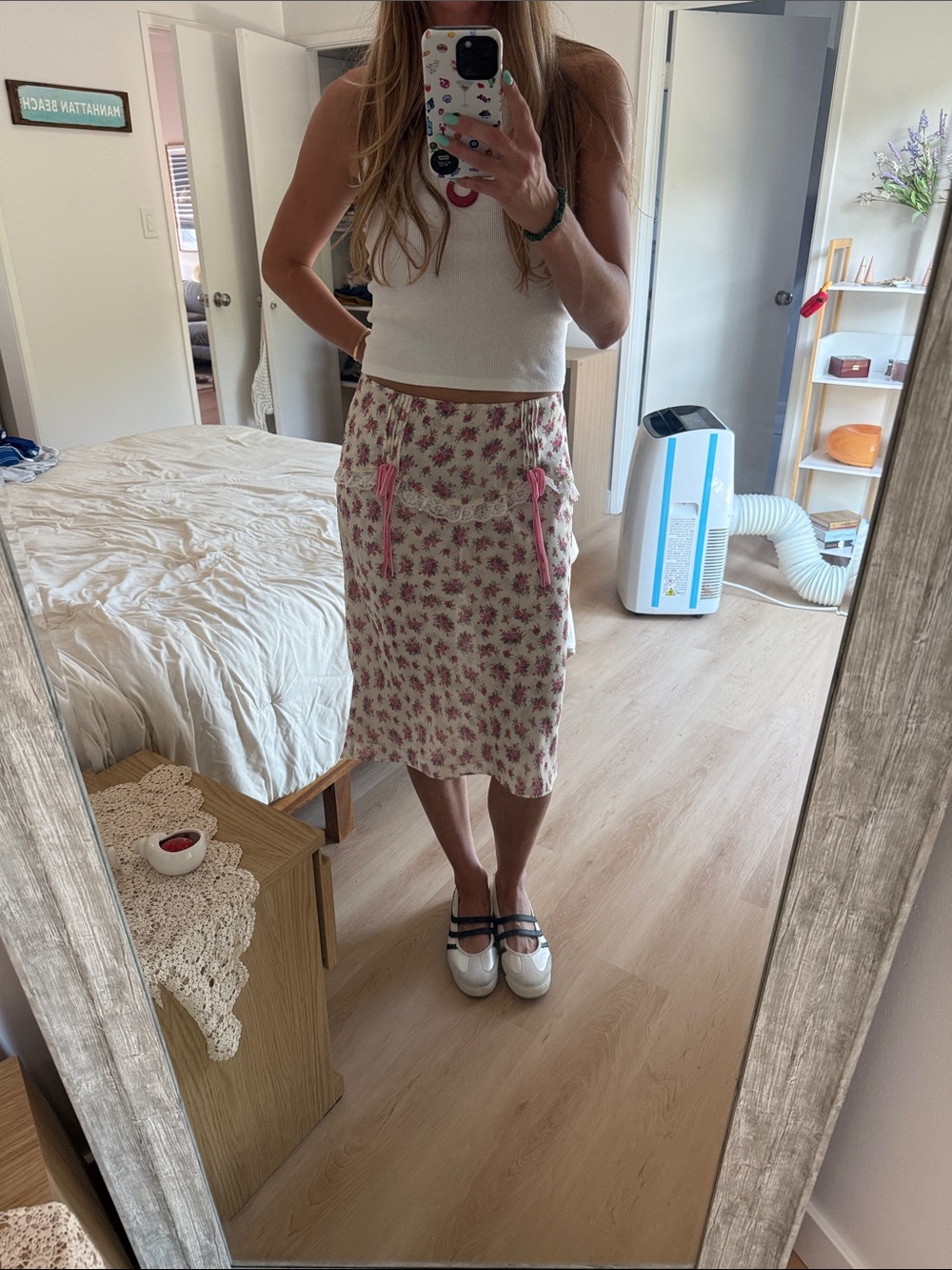 For Love And Lemons Cream Midi Skirt with Pink Floral Print